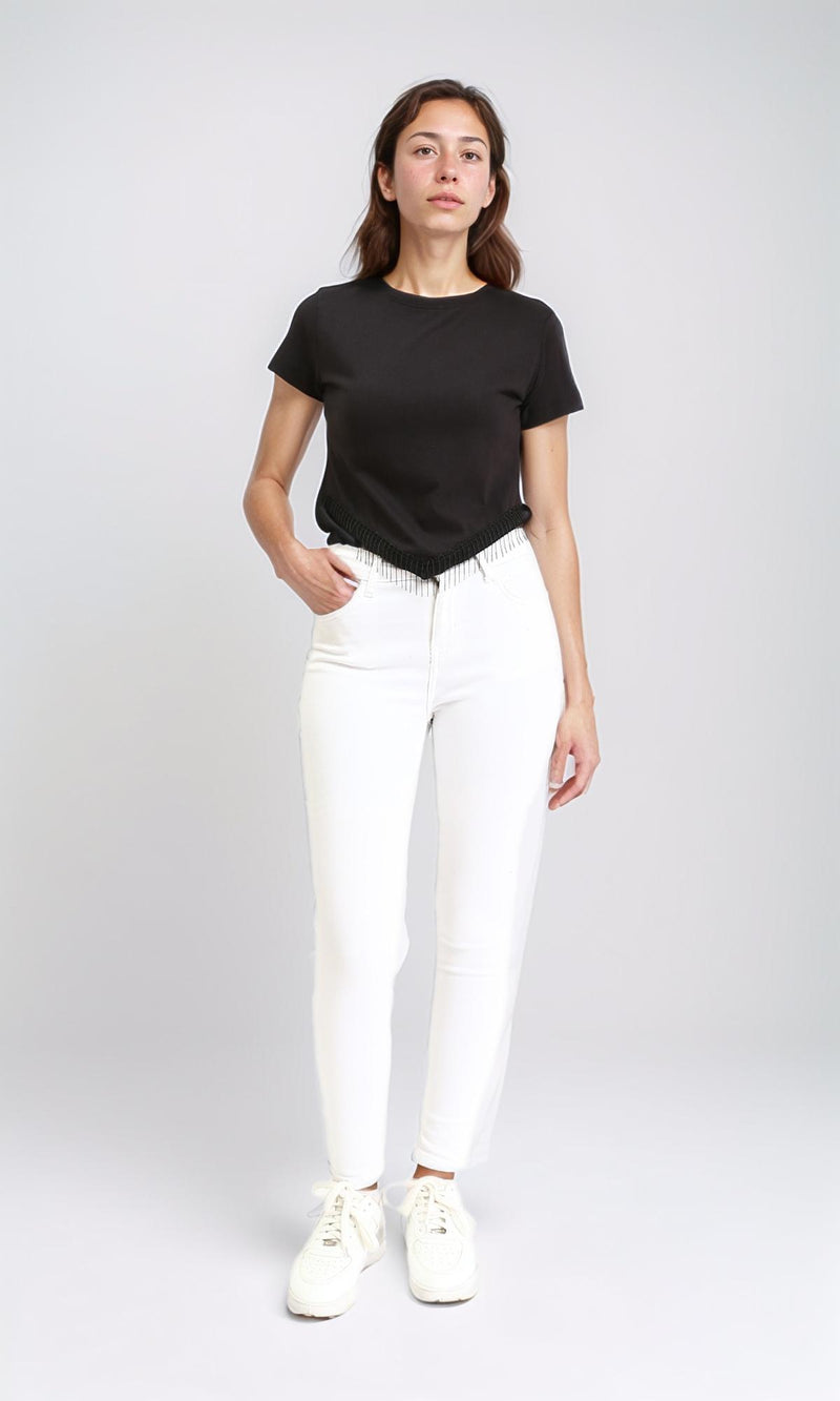 R209253 - Round Neck Short Sleeves Tee with Fringes - Black