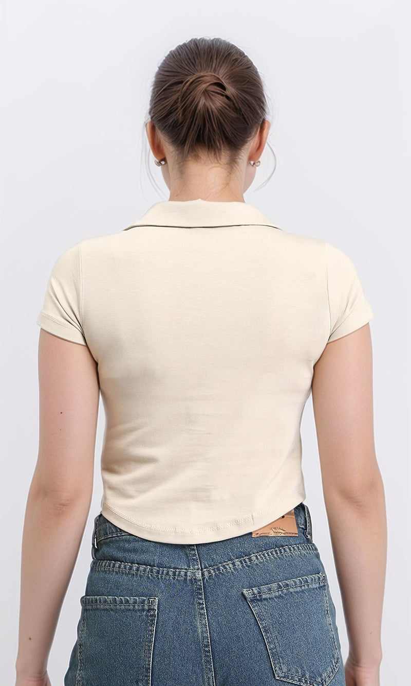 R209255 - Open V-Neck Short Sleeves Tee - Beige