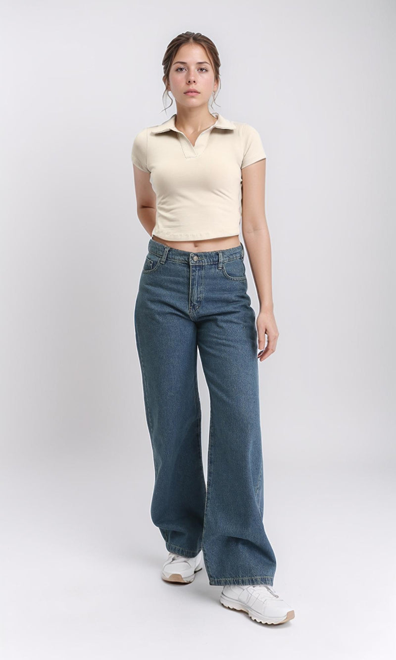 R209255 - Open V-Neck Short Sleeves Tee - Beige