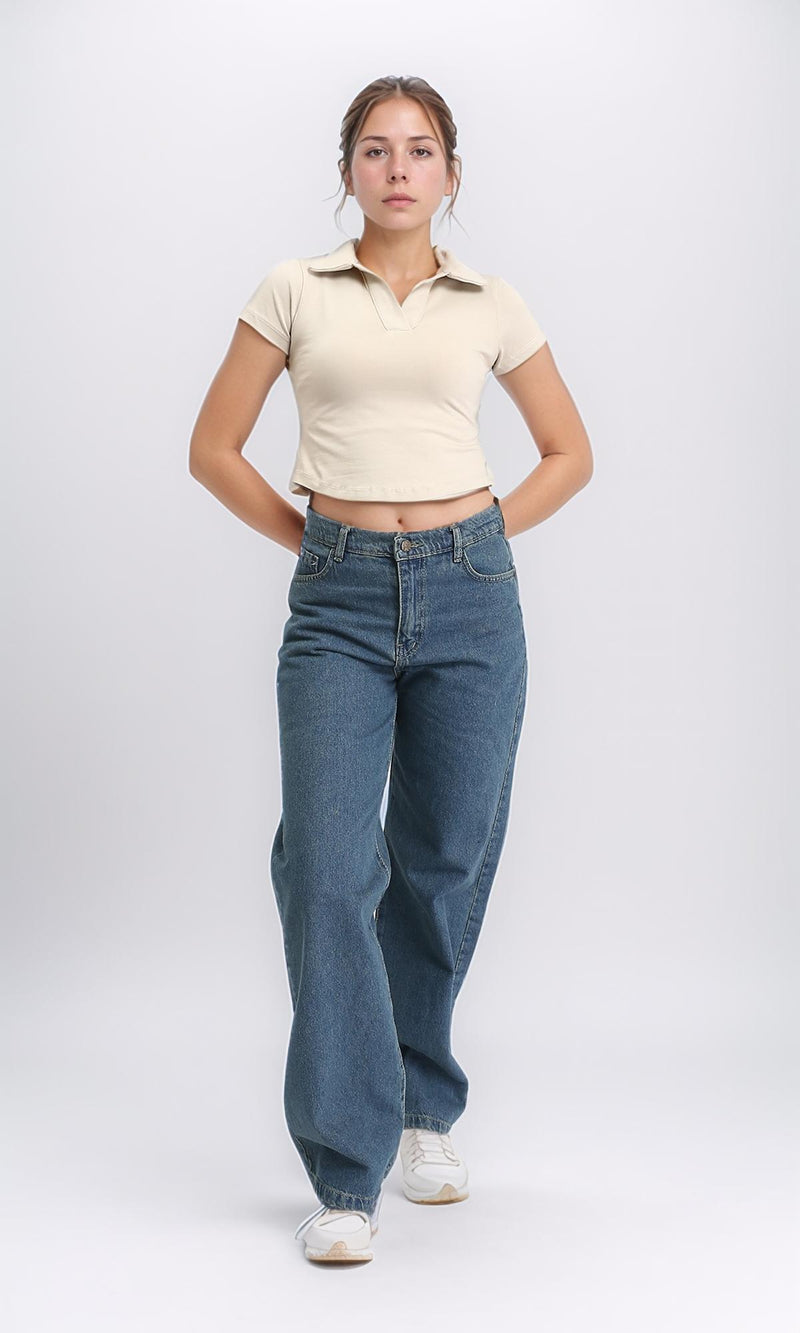 R209255 - Open V-Neck Short Sleeves Tee - Beige