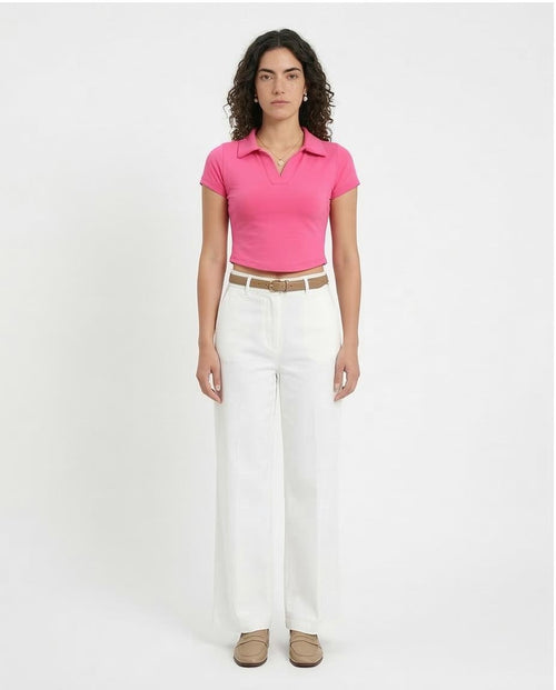 Ravin Slim-Fit Cropped Polo with Curved Hem in Hot Pink - R209256