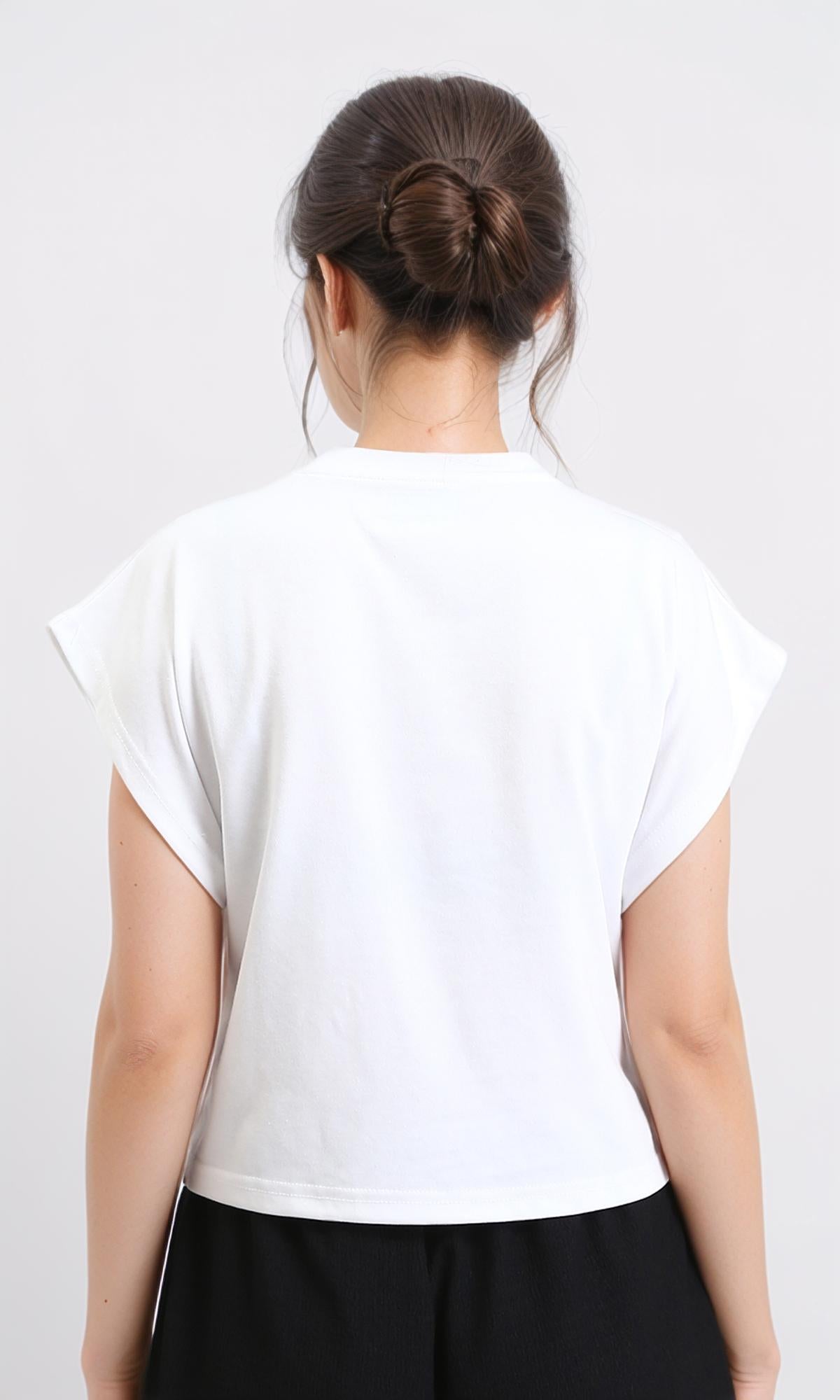 R209257 - Round Neck Cap Sleeves Solid Blouse - White