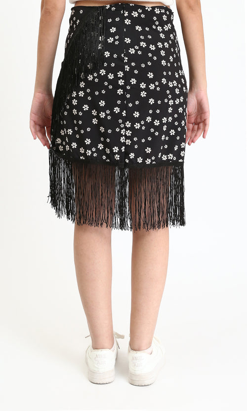 R209259 - Floral Zipped Short Skirt with Fringes - Black & White