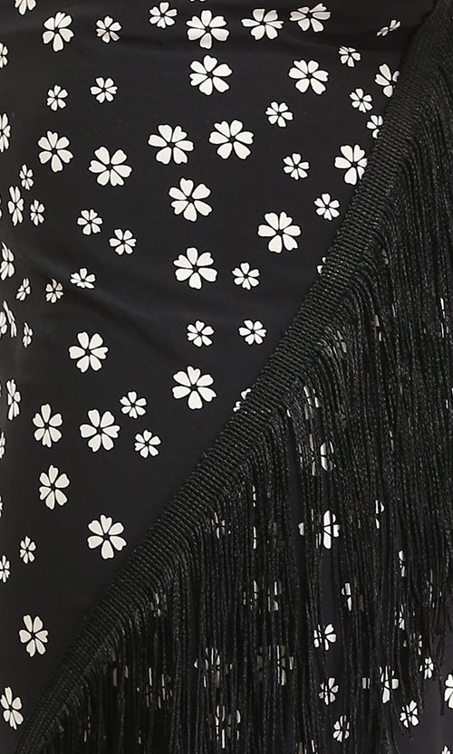R209259 - Floral Zipped Short Skirt with Fringes - Black & White