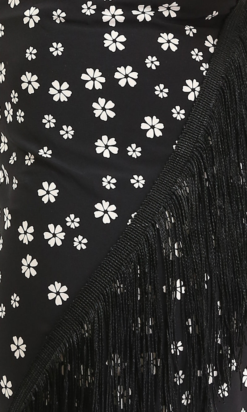 R209259 - Floral Zipped Short Skirt with Fringes - Black & White