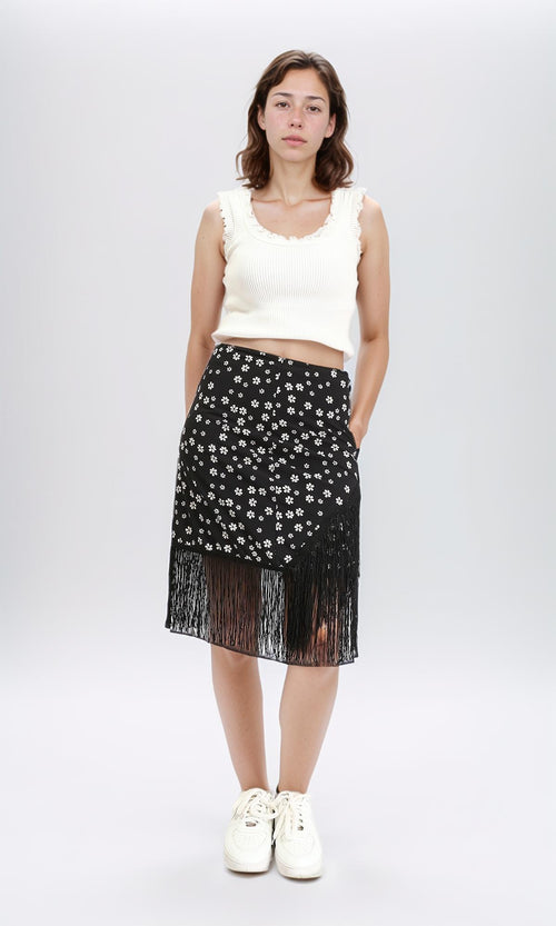 R209259 - Floral Zipped Short Skirt with Fringes - Black & White