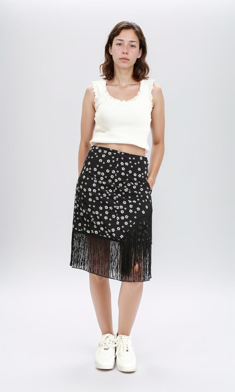 R209259 - Floral Zipped Short Skirt with Fringes - Black & White