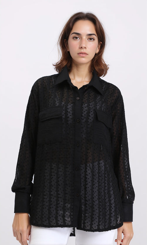 R209260 - Self Pattern Summer Sheer Shirt - Black