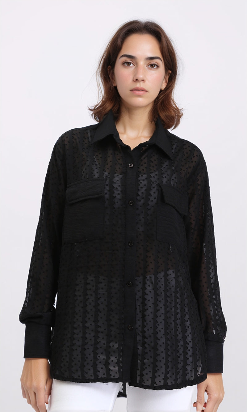 R209260 - Self Pattern Summer Sheer Shirt - Black