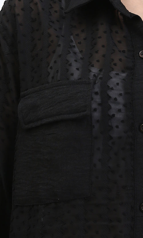 R209260 - Self Pattern Summer Sheer Shirt - Black