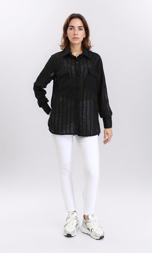 R209260 - Self Pattern Summer Sheer Shirt - Black