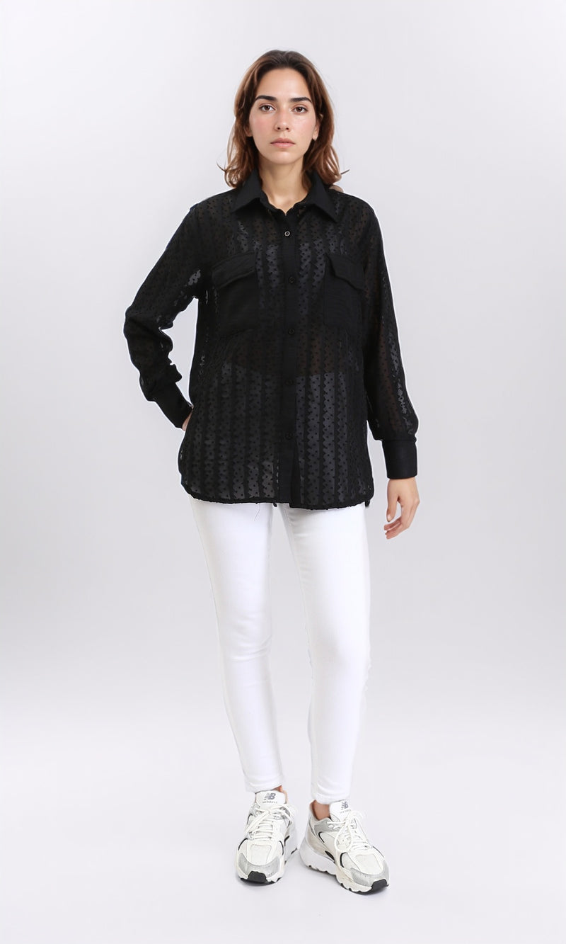 R209260 - Self Pattern Summer Sheer Shirt - Black