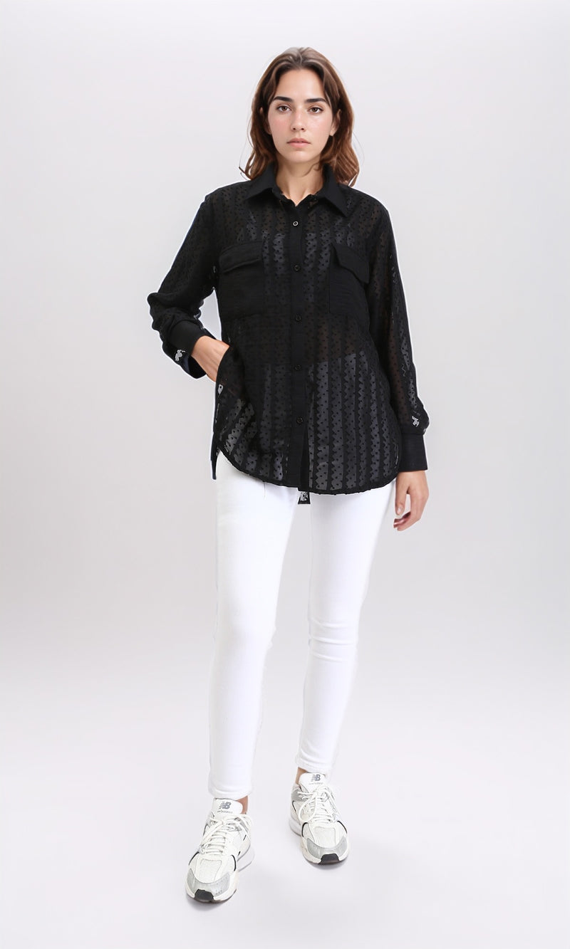 R209260 - Self Pattern Summer Sheer Shirt - Black