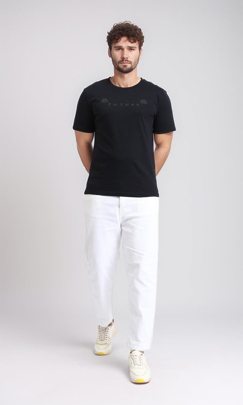 R209360 - Printed Short Sleeves Cotton Tee - Black