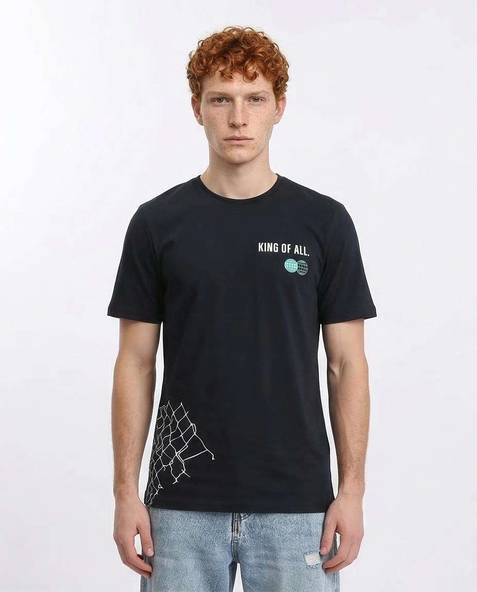 Man wearing a black t-shirt with text and graphics on a white background