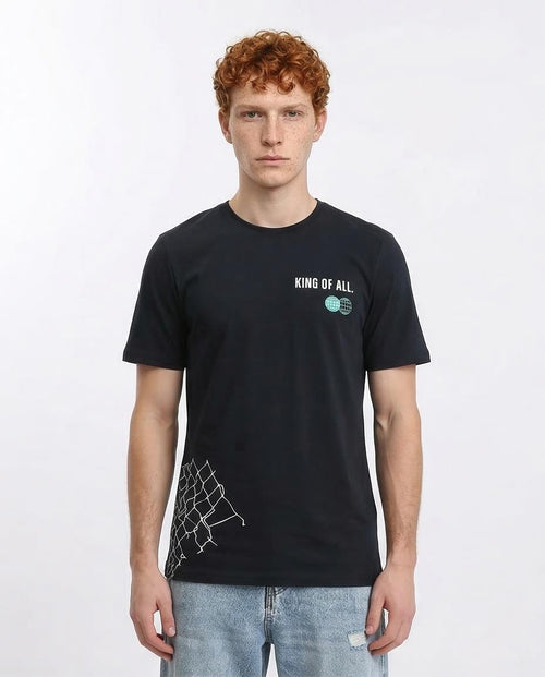 Man wearing a black t-shirt with text and graphics on a white background