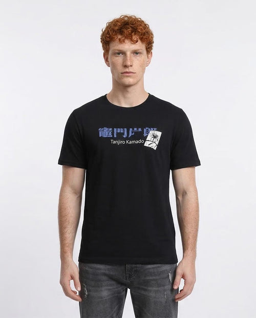 Man wearing a black t-shirt with graphic design and text on a white background