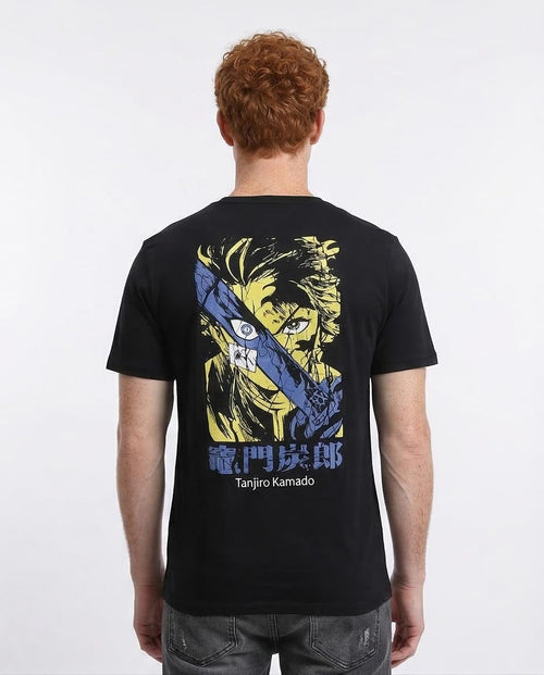 Person wearing a black t-shirt with an anime character design on the back, against a white background