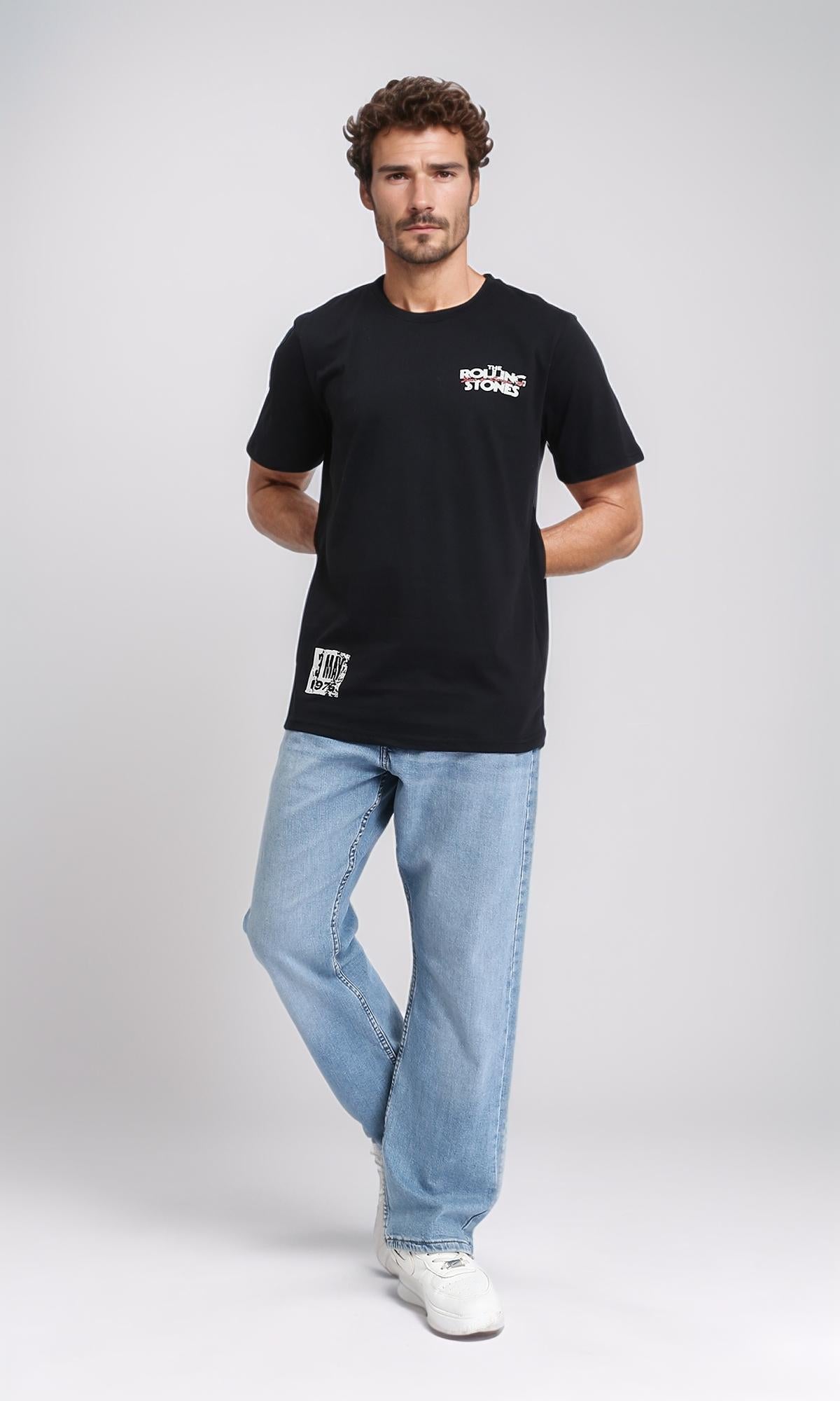 R209377 - تي شيرت بطباعة وياقة مستديرة سهل الارتداء - أسود