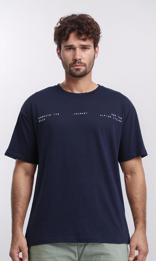 R209388 - Relaxed Fit Elbow Sleeves Printed Tee - Navy Blue