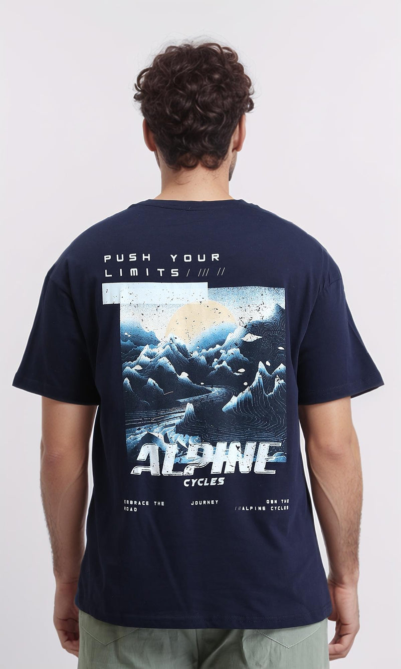 R209388 - Relaxed Fit Elbow Sleeves Printed Tee - Navy Blue