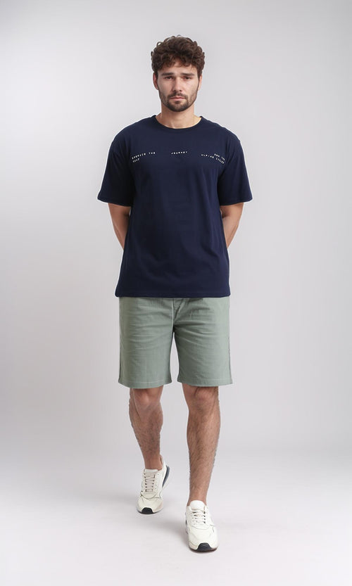 R209388 - Relaxed Fit Elbow Sleeves Printed Tee - Navy Blue