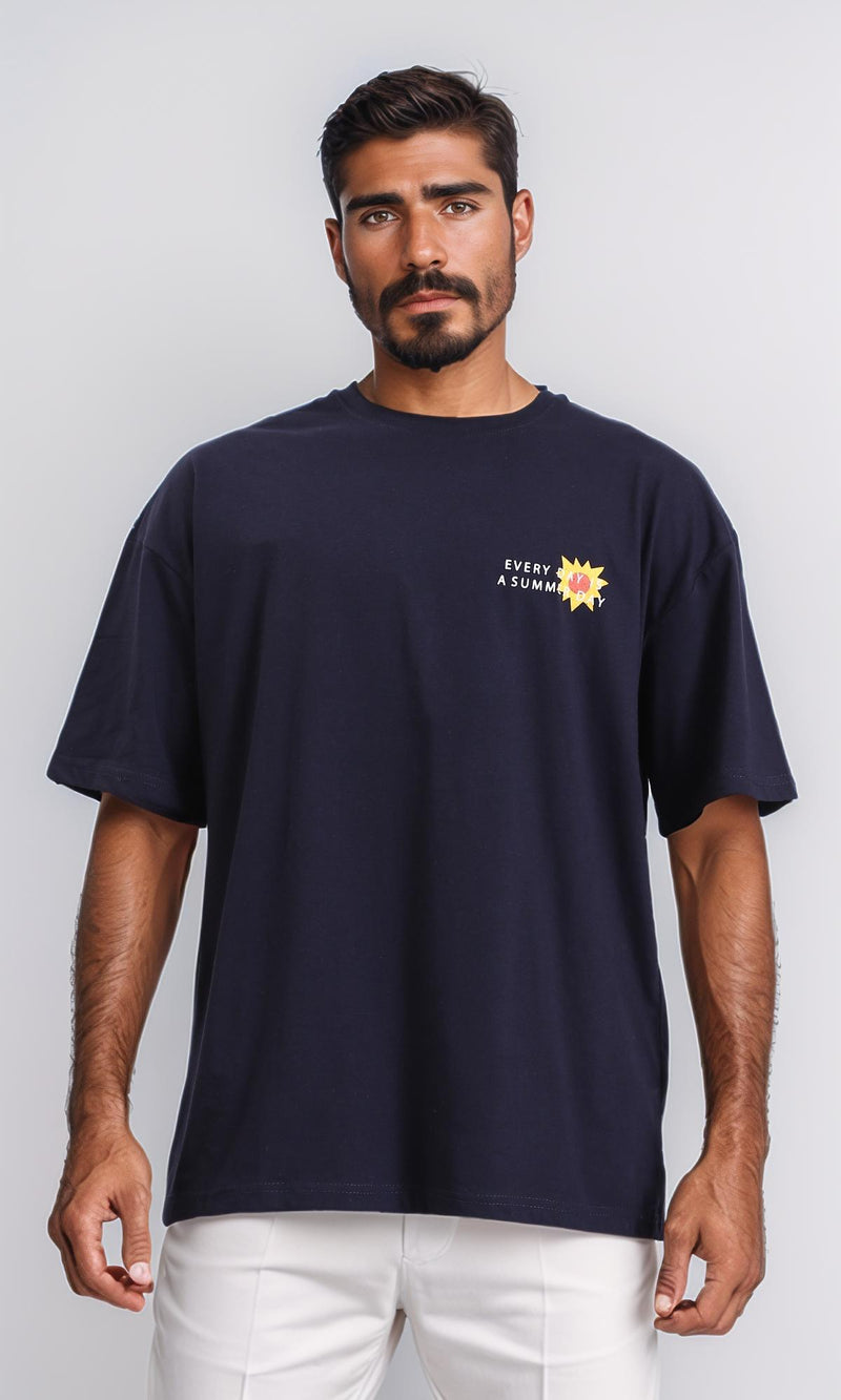 R209390-Round Neck Loose Slip On Tee - Navy Blue