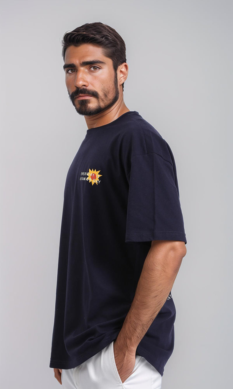 R209390-Round Neck Loose Slip On Tee - Navy Blue