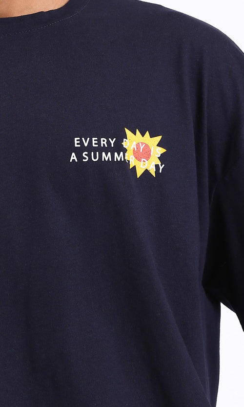 R209390-Round Neck Loose Slip On Tee - Navy Blue