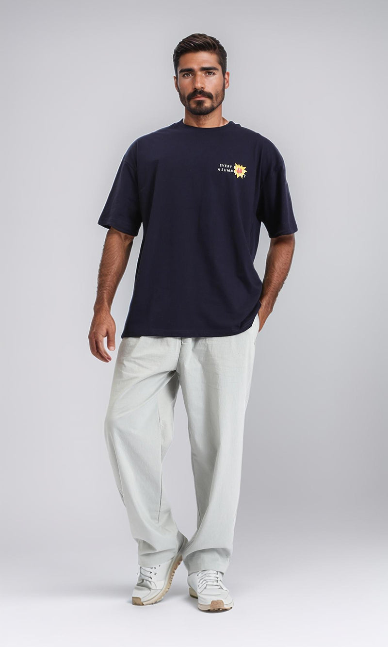 R209390-Round Neck Loose Slip On Tee - Navy Blue