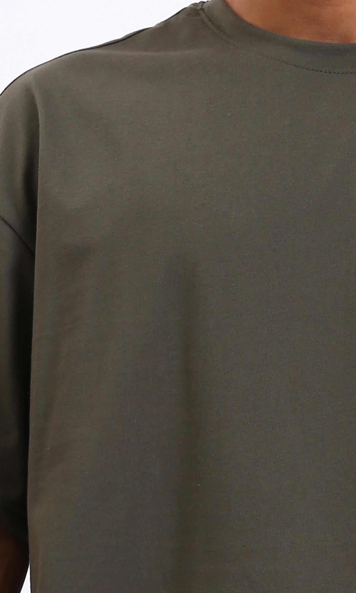 R209394-تي شيرت فضفاض برقبة مستديرة - زيتوني غامق