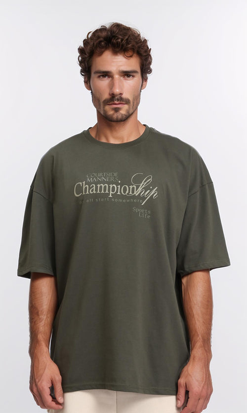 Relaxed Fit Printed Cotton Tee - Dark Olive