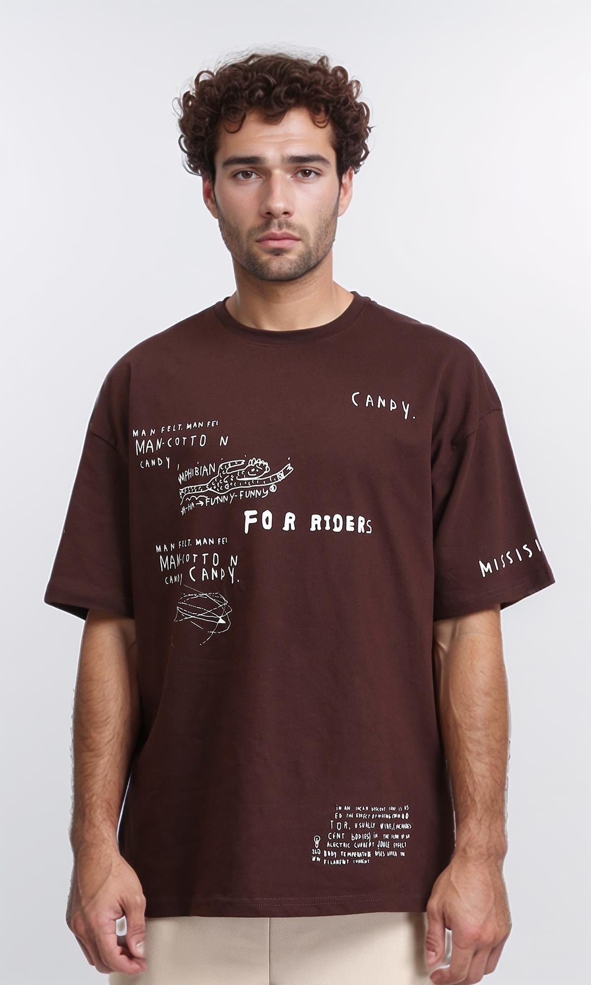 Relaxed Fit Printed Cotton Tee - Maroon Brown