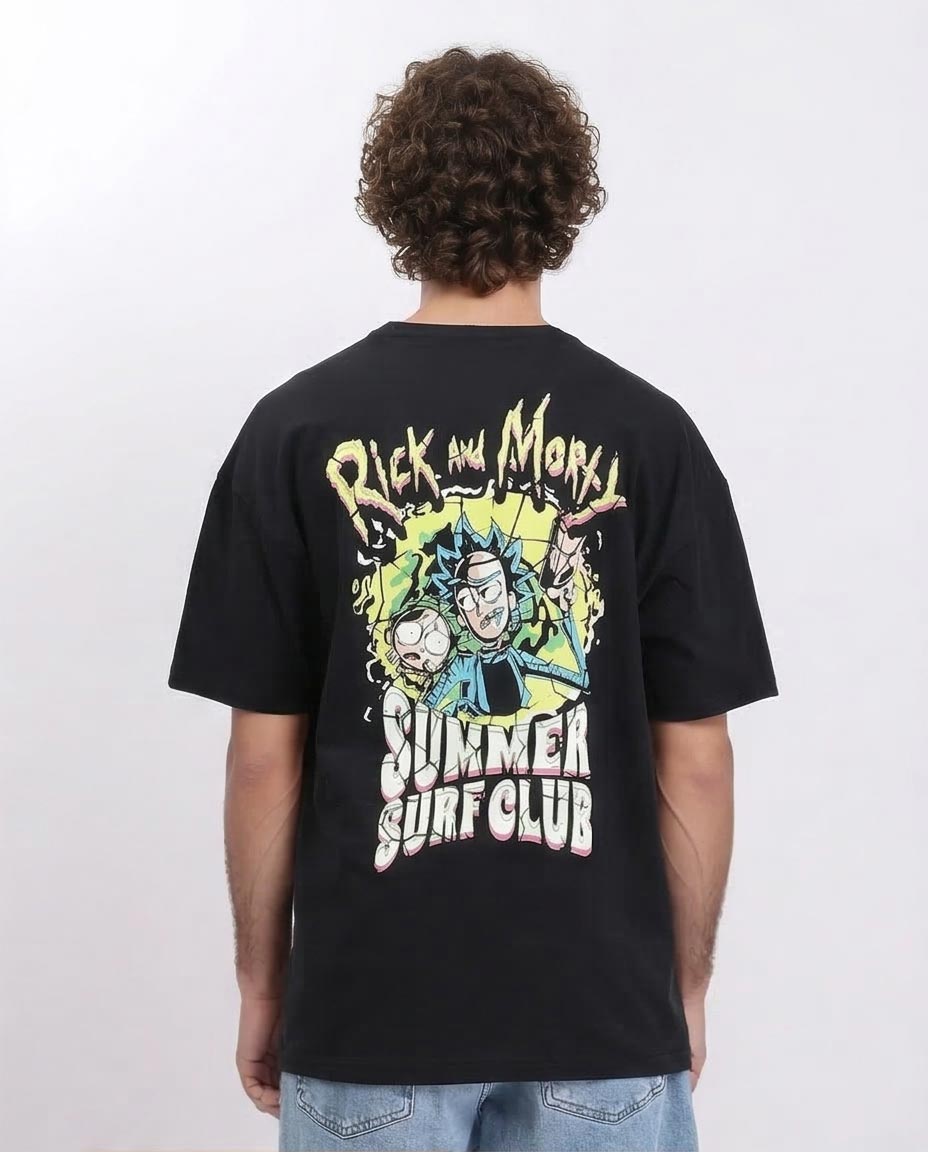 Ravin Men's Rick and Morty Summer Surf Club Oversized Black T-Shirt - 100% Cotton - Black - R209401