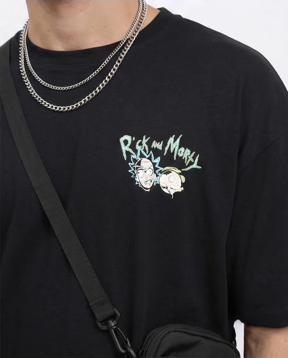 Ravin Men's Rick and Morty Summer Surf Club Oversized Black T-Shirt - 100% Cotton - Black - R209401