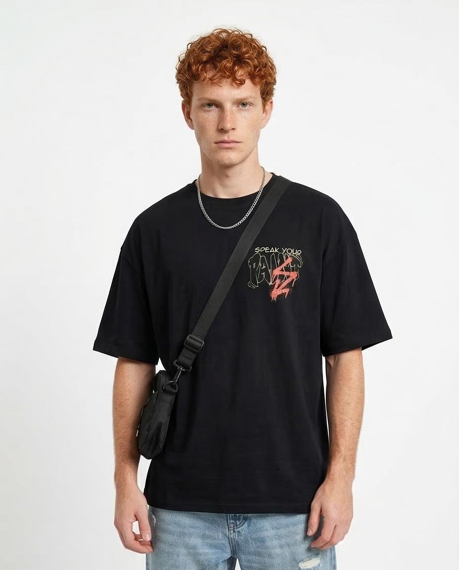 Men's Oversized "speak Your Paint" Graphic Tee - 100% Premium Cotton - Black
