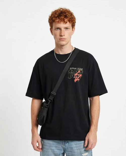 Men's Oversized "speak Your Paint" Graphic Tee - 100% Premium Cotton - Black