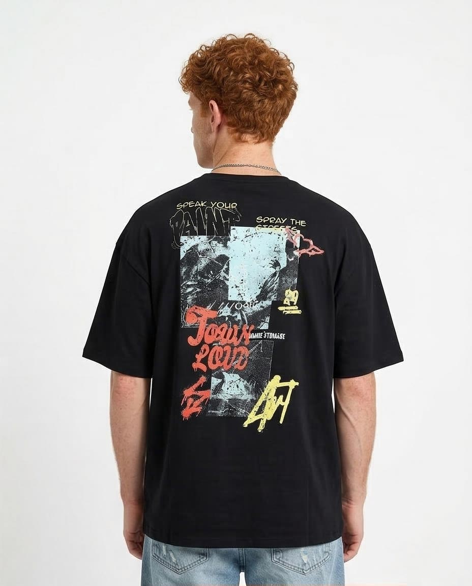 Ravin Men’s Oversized "Speak Your Paint" Graphic Tee – 100% Premium Cotton - Black - R209404