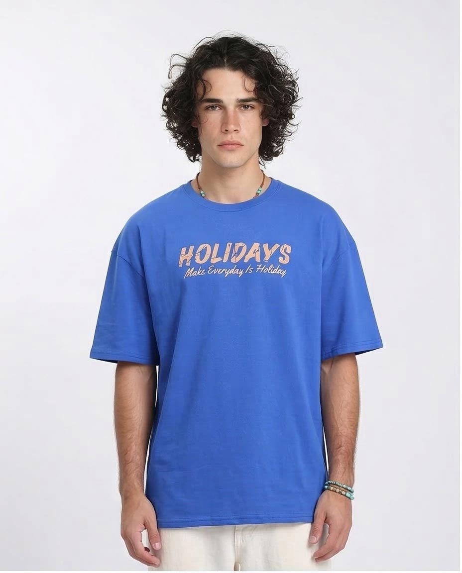 Men's 100% Cotton Oversized "holidays" Tropical Graphic T-Shirt - Royal Blue