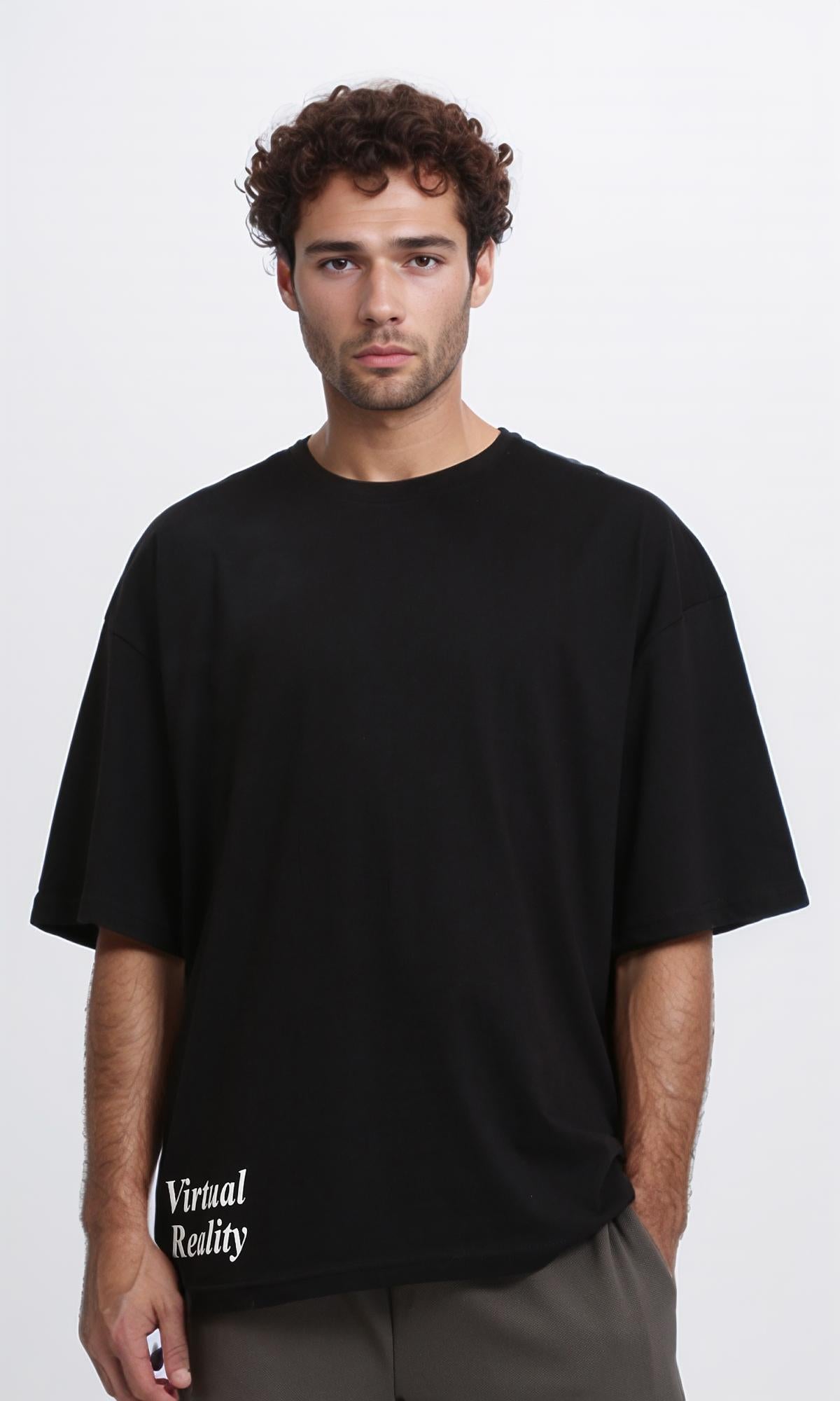 Crew Neck Cotton Tee with Front Print - Black