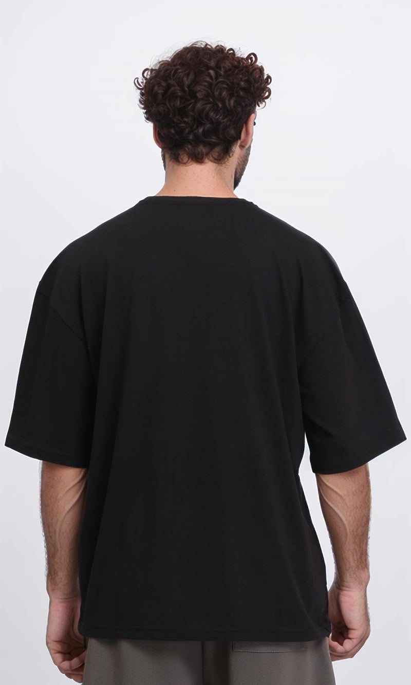 R209416 - Crew Neck Cotton Tee with Front Print - Black