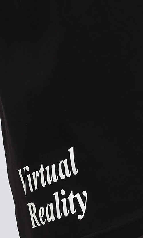 R209416 - Crew Neck Cotton Tee with Front Print - Black