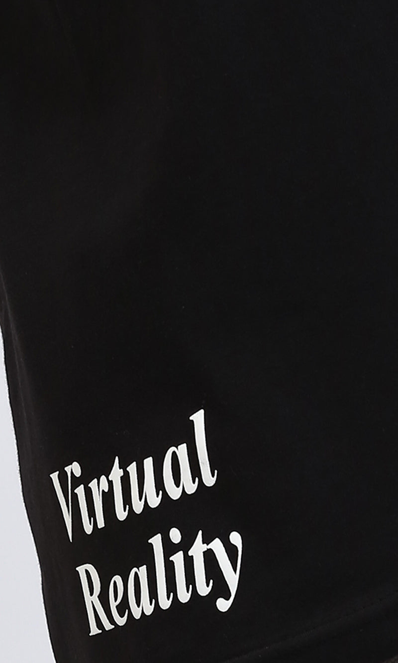 R209416 - Crew Neck Cotton Tee with Front Print - Black