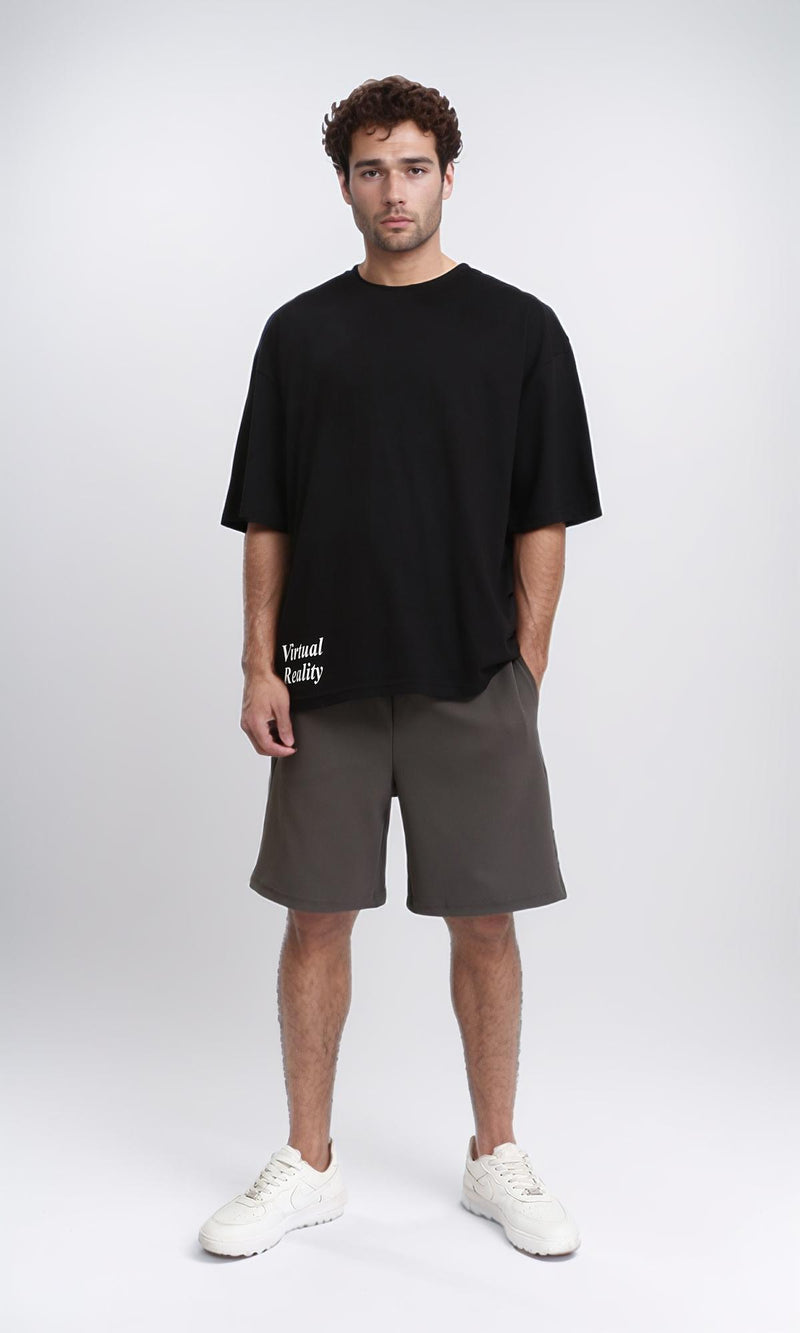 R209416 - Crew Neck Cotton Tee with Front Print - Black