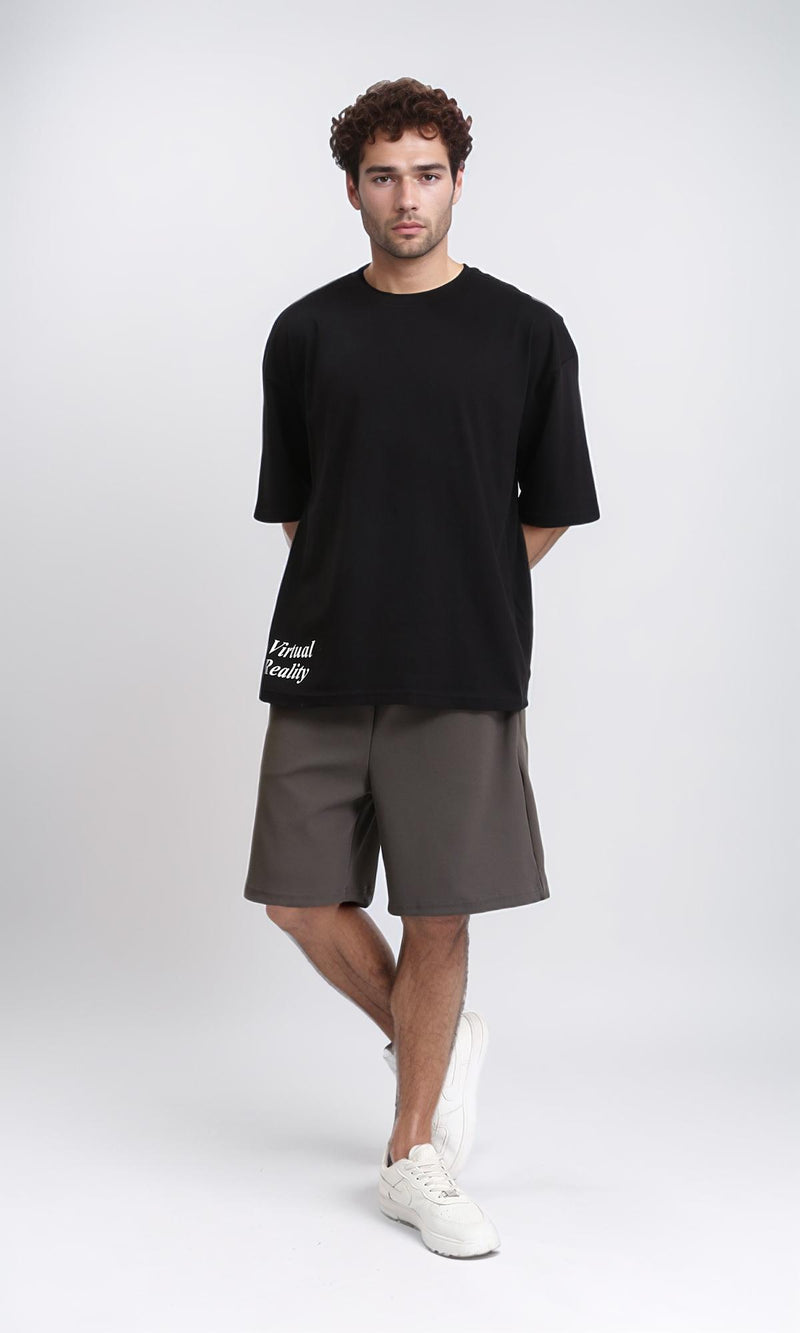 R209416 - Crew Neck Cotton Tee with Front Print - Black