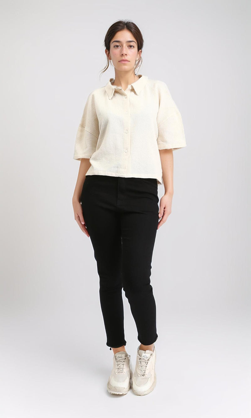 R209432 - Relaxed Elbow Sleeves Short Shirt - Light Yellow