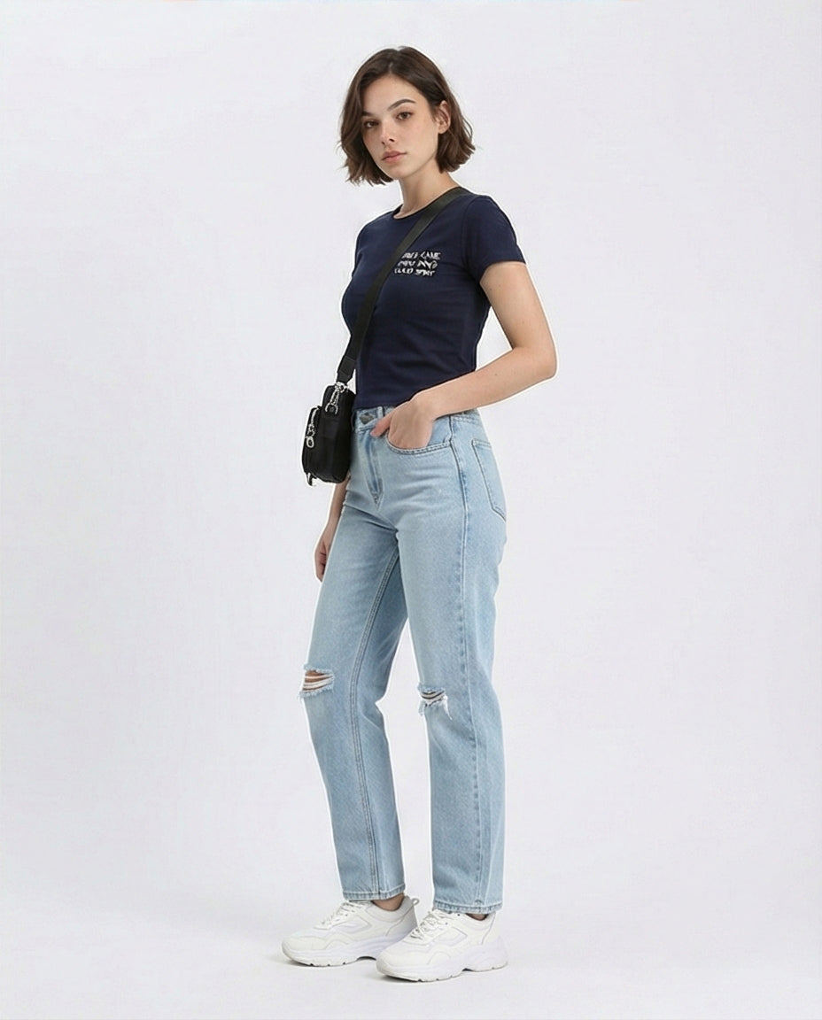 R209433 - تي شيرت صيفي بأكمام قصيرة وقصة عادية - أزرق داكن
