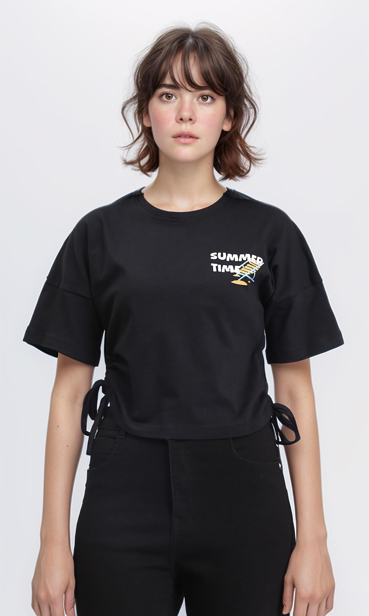 R209435 - "Summer Time" Printed Drawstring Tee - Black