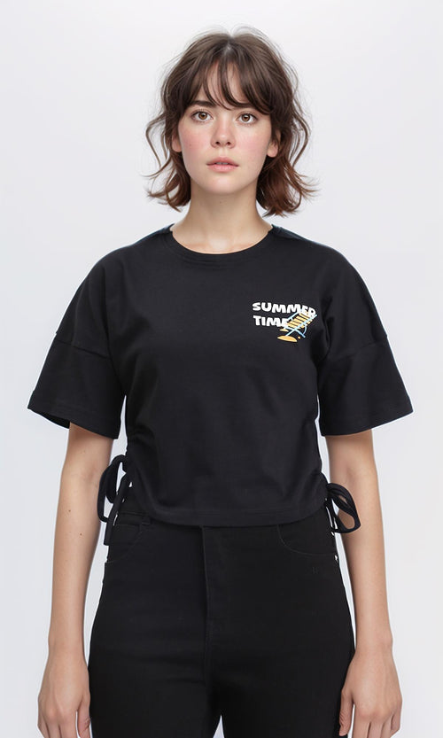 R209435 - "Summer Time" Printed Drawstring Tee - Black