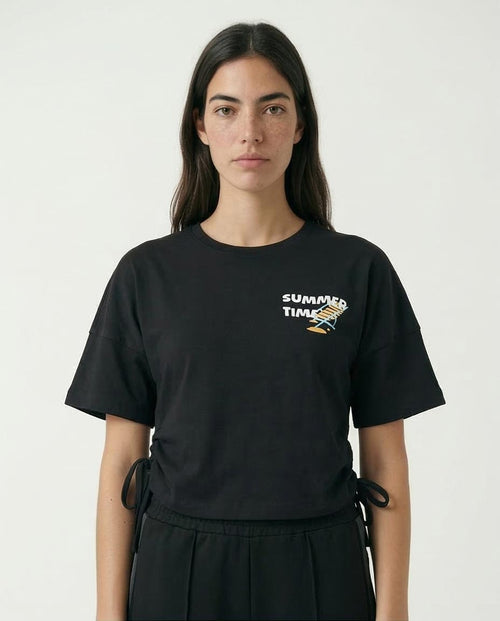 Ravin Women’s Side-Tie Cropped T-Shirt – Summer Time Graphic Print - Black - R209435